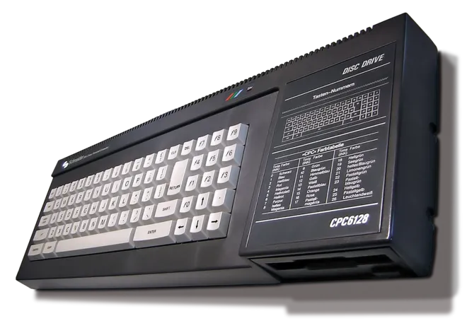 The Schneider-branded Amstrad CPC 6128, a black keyboard unit with the 3-inch disc drive built into its right side