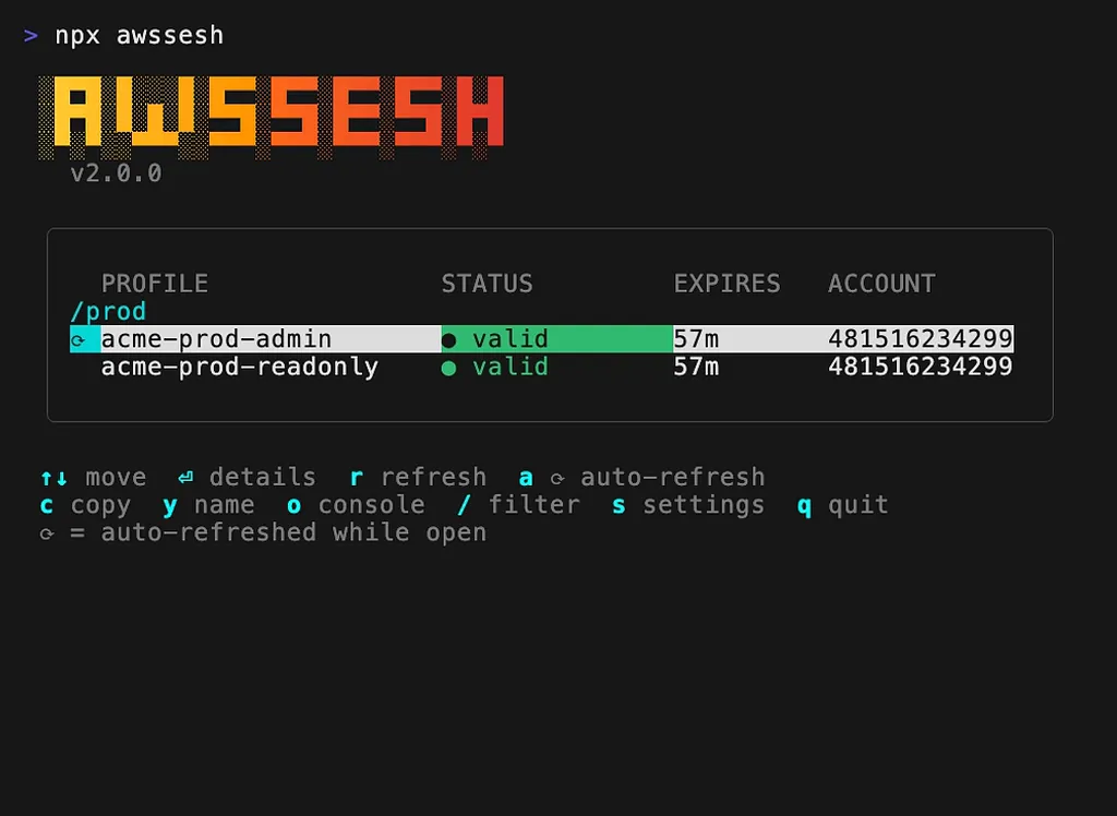 awssesh profile list filtered with /prod, showing the two acme-prod profiles