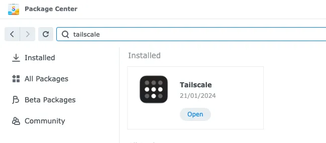 Synology DSM Package Center with the Tailscale package installed