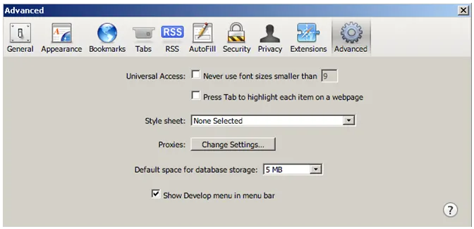 Safari Preferences, Advanced tab, with "Show Develop menu in menu bar" checked
