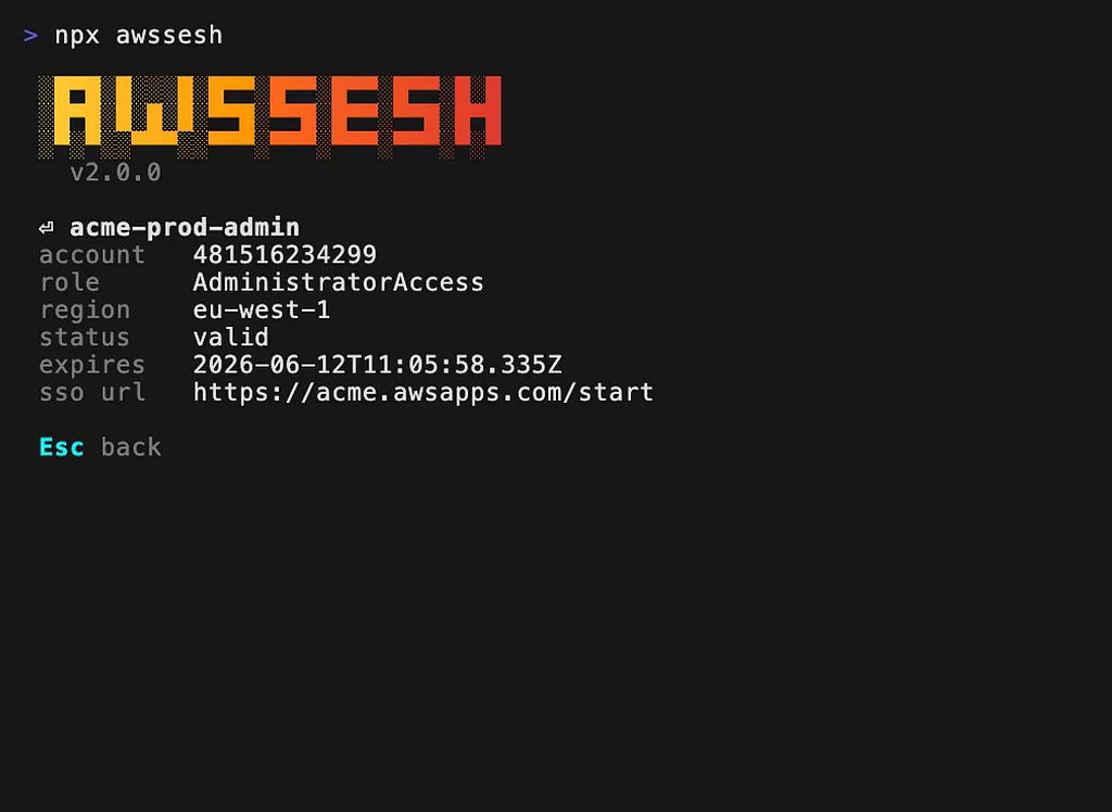 awssesh detail view for acme-prod-admin with account, role, region, status, expiry and SSO start URL