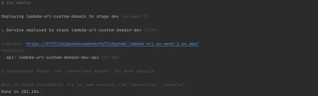 Output of sls deploy showing the stack deployed and the generated lambda-url endpoint