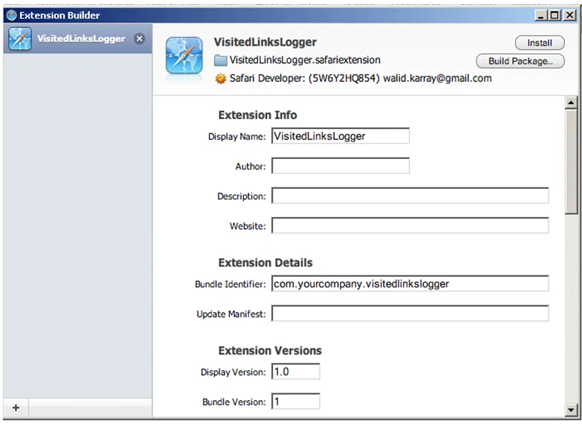 Extension Builder showing the new VisitedLinksLogger extension with empty Extension Info fields and a default bundle identifier