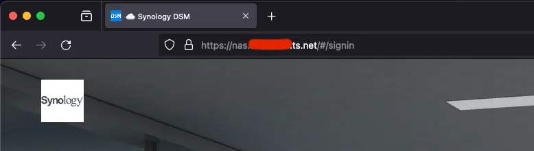 Browser showing the Synology DSM sign-in page over HTTPS on the NAS ts.net address with a valid lock icon