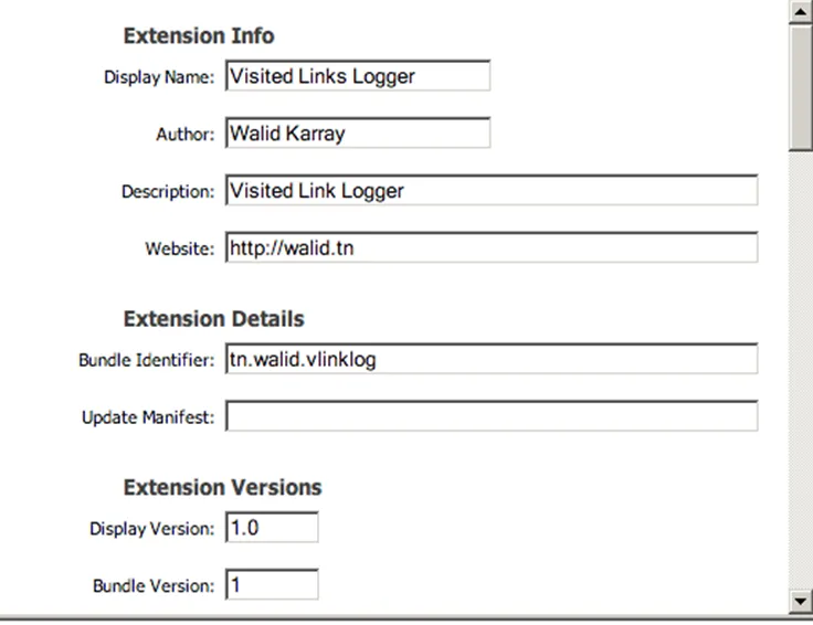 Extension Info filled in: display name Visited Links Logger, author Walid Karray, website http://walid.tn, bundle identifier tn.walid.vlinklog, version 1.0