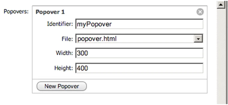 Popover 1 with identifier myPopover, file popover.html, width 300 and height 400