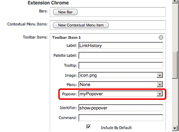 Toolbar Item 1 with myPopover selected in the Popover drop-down, highlighted in red