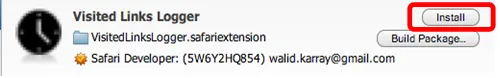 The Install button highlighted next to Visited Links Logger in Extension Builder