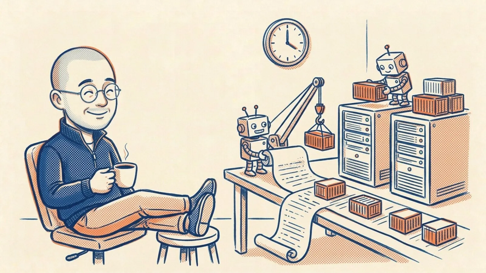 Cartoon of me leaning back in a chair with a coffee, feet up, while a small box-shaped robot reads a long paper scroll and a crane sets shipping containers onto two servers, under a wall clock
